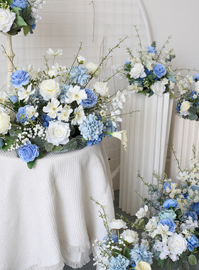 清新蓝仿真花艺布置婚礼活动插花成品甜品台餐桌花束壁挂路引花球