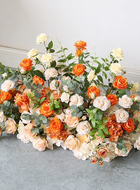 橙色系婚庆花排地排花路引花堆摆件舞台橱窗展柜假花道具仿真绢花