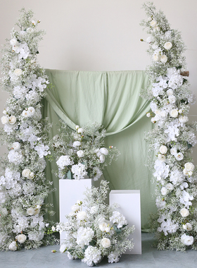 白绿色婚礼花艺布置拱门壁挂花排路引台花桌花仿真满天星插花成品