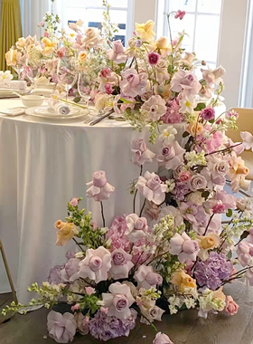 婚礼花艺舞台路引花婚庆排花现场布置玫瑰桌花美陈摆放仿真绢花