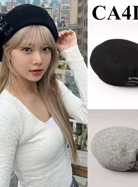 日本ca4la帽子秋冬保暖百搭男女英伦贝雷帽羊毛带钩刺绣画家帽子