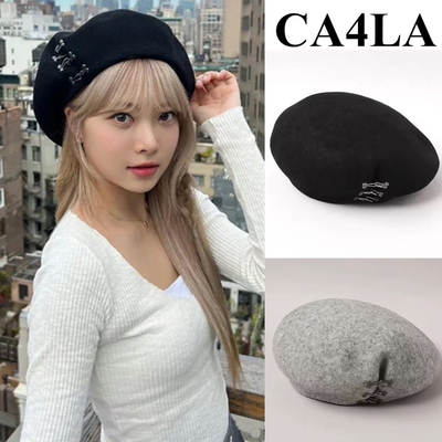 日本ca4la帽子秋冬保暖百搭男女英伦贝雷帽羊毛带钩刺绣画家帽子