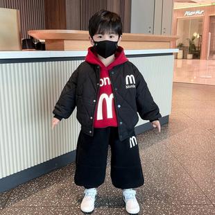 英国DHWA男童加绒套装冬装痞帅儿童加厚卫衣男孩宝宝棉外套三件套