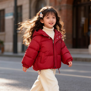 英国DHWA女童红色羽绒棉服冬装女宝宝加厚外套洋气儿童保暖棉衣袄