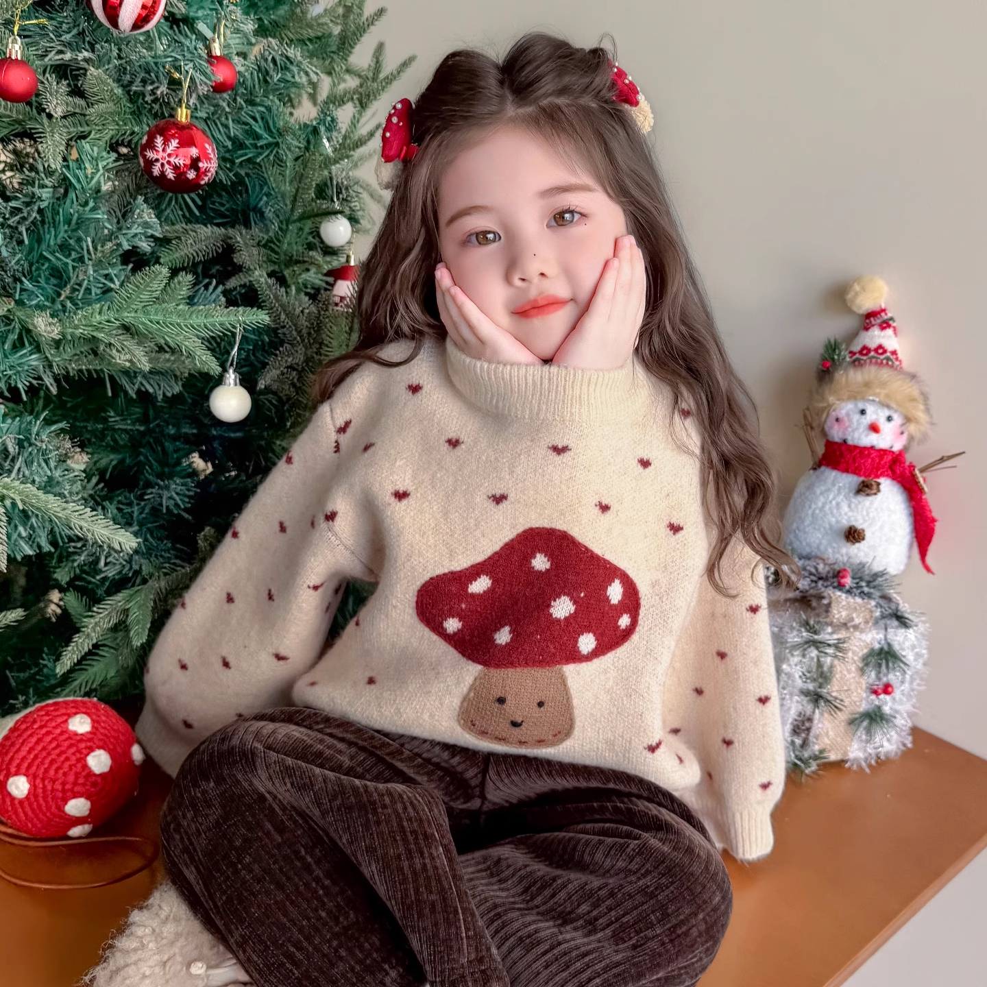 儿童毛衣女童一体绒针织衫加厚