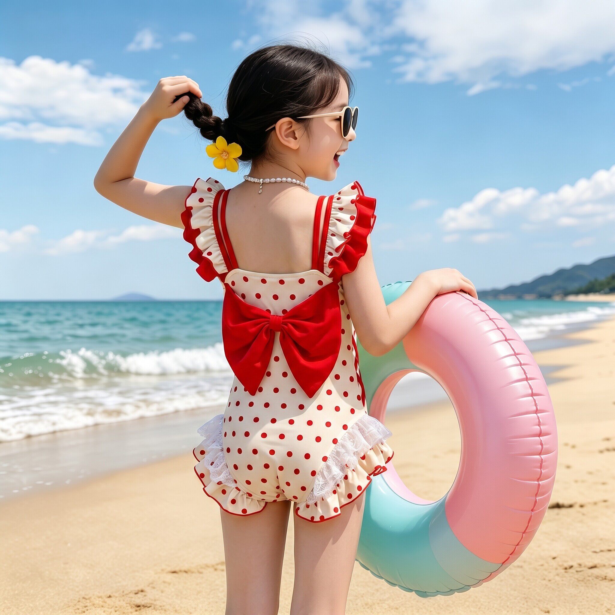 英国DHWA夏季儿童大童洋气甜美泳装女童夏装女孩沙滩连体速干泳衣