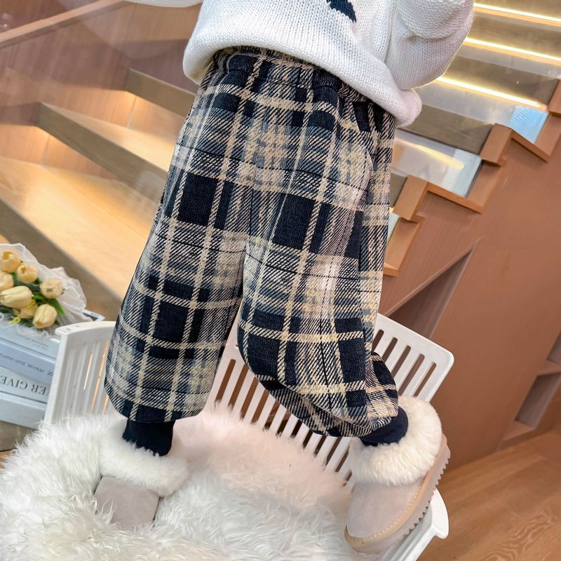 英国DHWA女童格子裤子秋冬款儿童冬季加绒卫裤女宝宝一体绒休闲裤