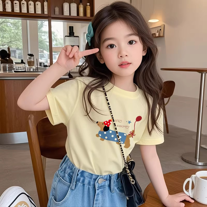 英国DHWA女童纯棉短袖T恤夏季儿童卡通腊肠狗印花中小童夏装上衣