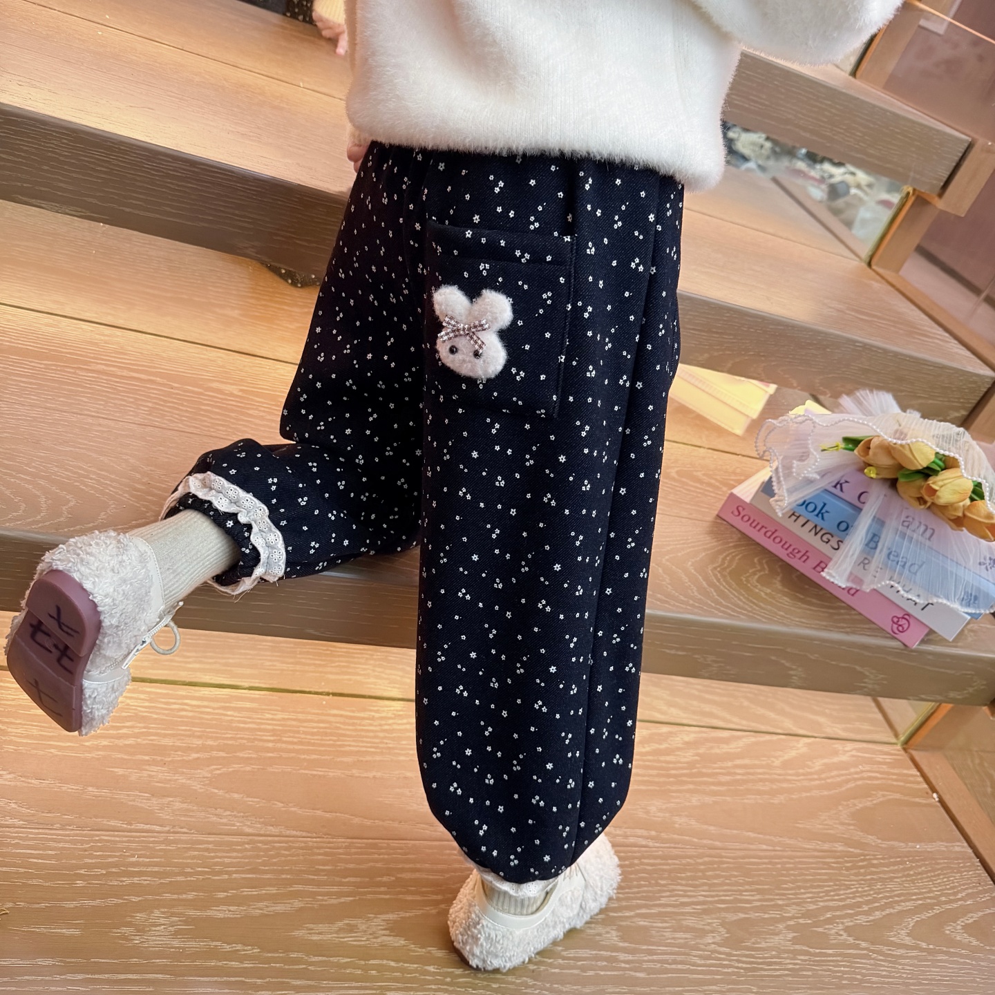 英国DHWA女童加绒裤子秋冬儿童一体绒碎花收脚裤女宝宝加厚休闲裤