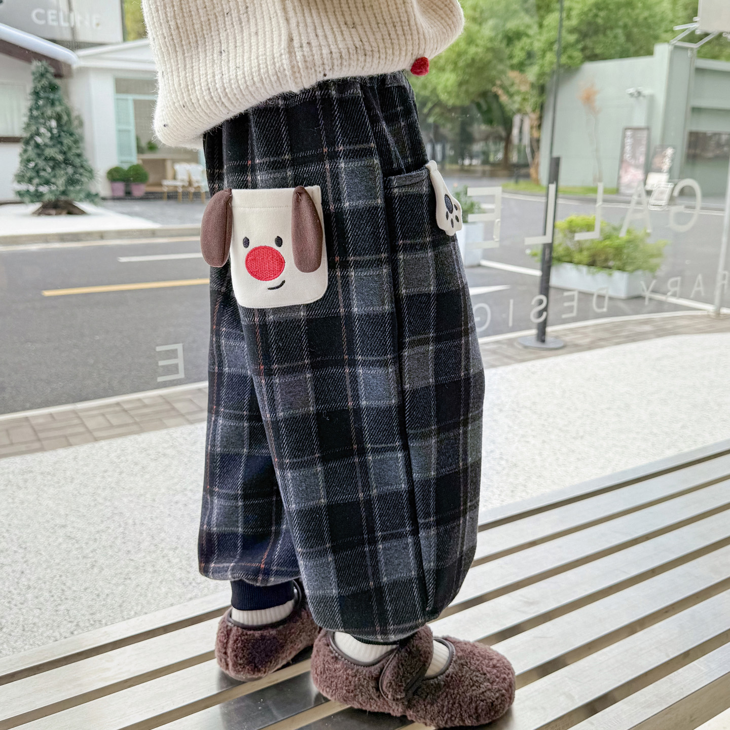 英国DHWA男童加绒裤子秋冬装儿童加厚格子裤小宝宝一体绒加厚卫裤