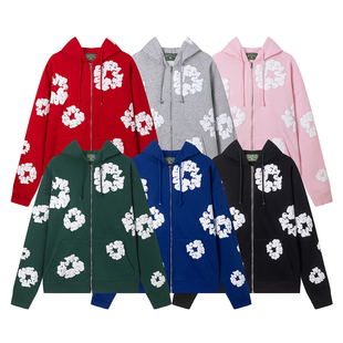 美式DENIM TEARS木棉花发泡开衫卫衣同款男女ins高街连帽衫外套