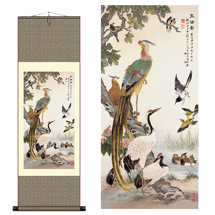 国画丝绸卷轴画酒店宾馆办公室家居装饰挂画百鸟朝凤五伦图花鸟图