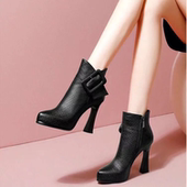 真皮短靴2025秋冬季 新款 粗跟防水台高跟靴加绒尖头百搭复古单靴