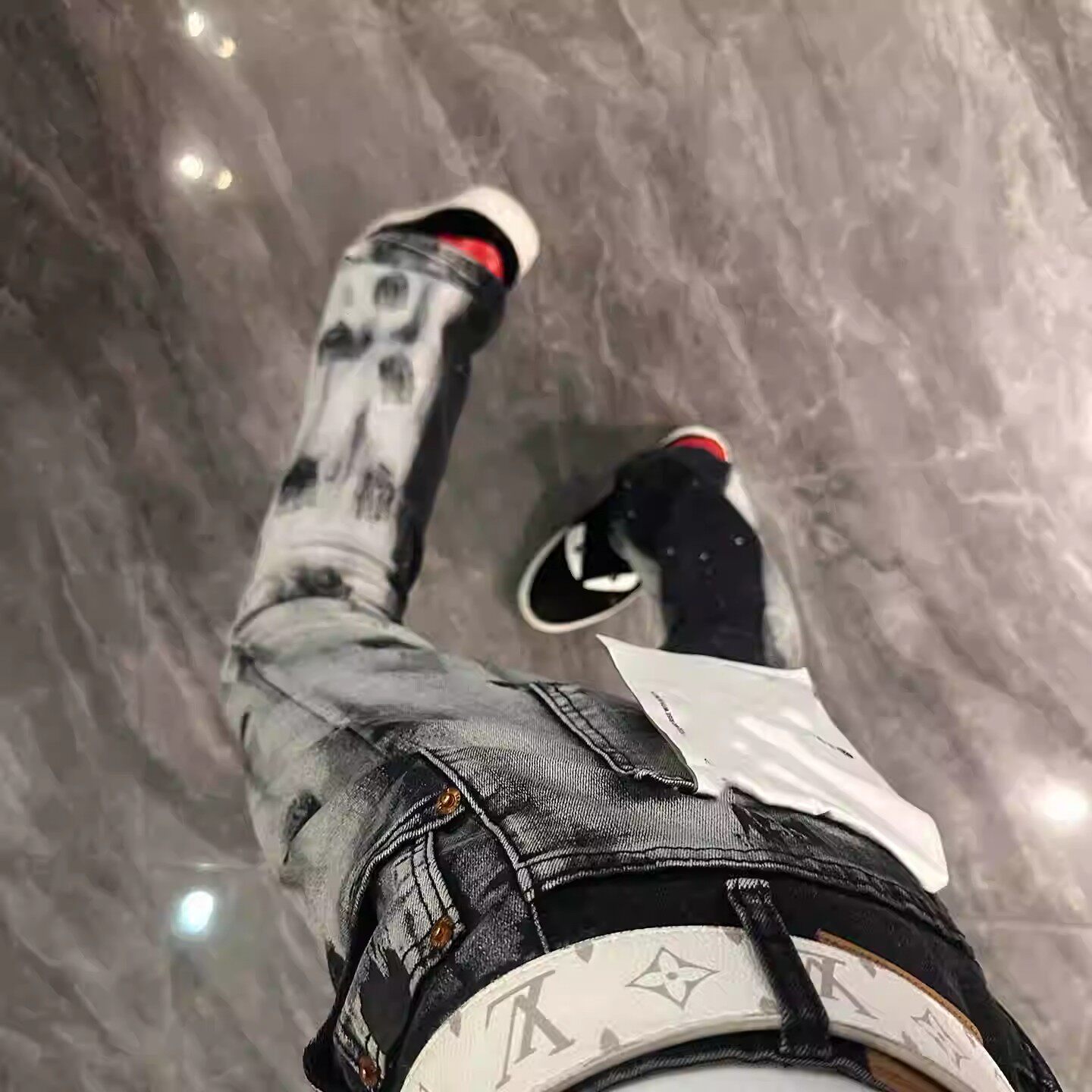 网红美式高街pu泼墨喷漆弹力牛仔裤男百搭痞帅潮牌休闲微喇长裤子