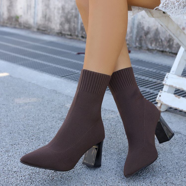 2025秋冬新款大码36-43针织瘦瘦靴女针织尖头粗跟弹力靴中筒袜子