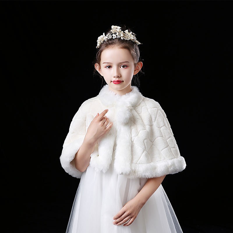 女童毛披肩婚纱礼服斗篷中大童白色冬季加厚绒保暖演出主持小披风