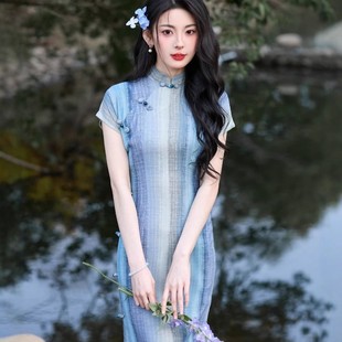 民国复古春夏日常少女书卷气古法旗袍灰蓝条纹大学生上班可穿