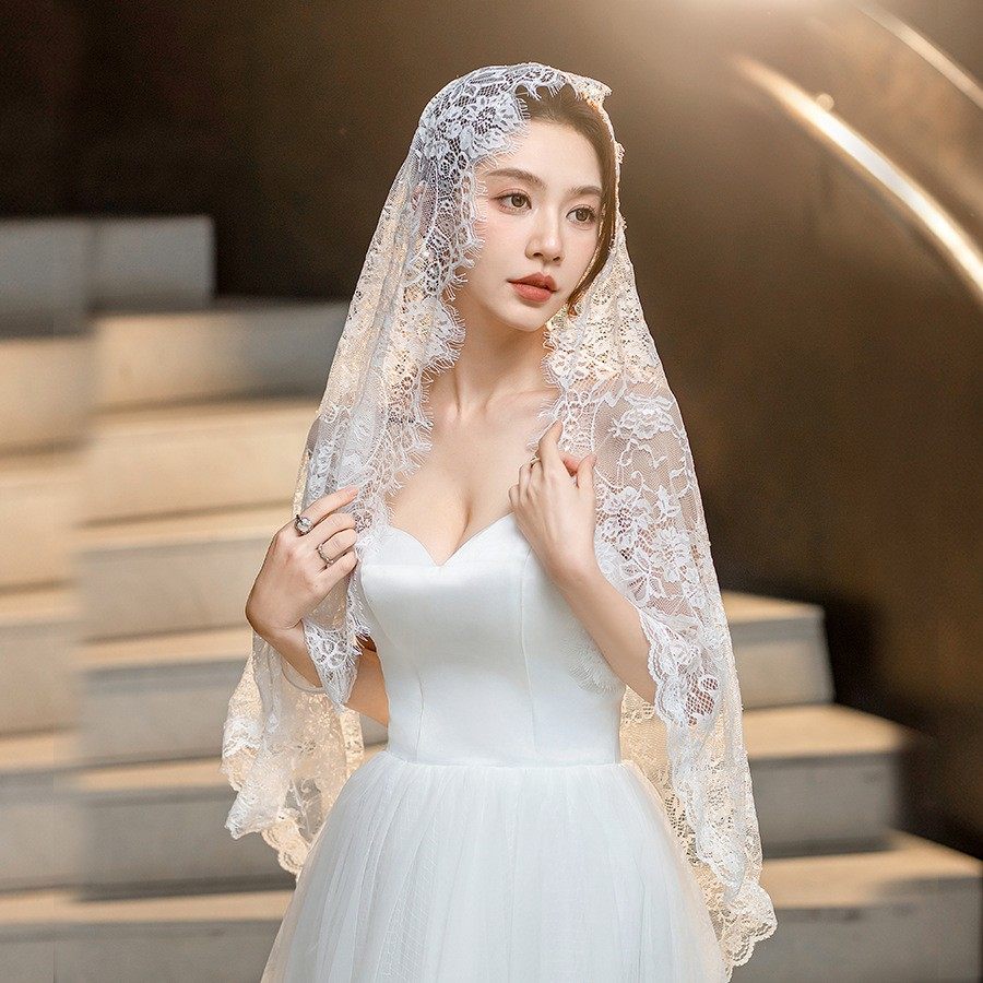 新娘蕾丝婚纱礼服配饰女士长款黑白多色头纱盖头蕾丝花边简约头纱