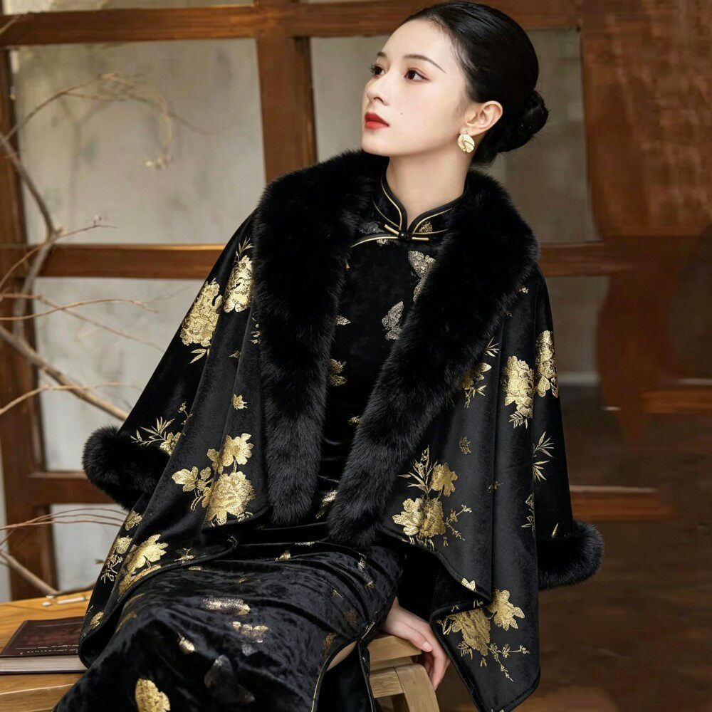 大毛领旗袍披肩外搭女士秋冬时尚高贵气质老太太妈妈斗篷披风开衫