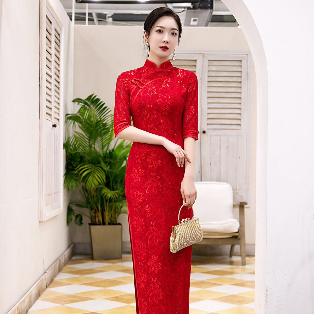 红色外嫁女回娘家旗袍优雅气质蕾丝长款礼仪迎宾颁奖走秀礼服修身