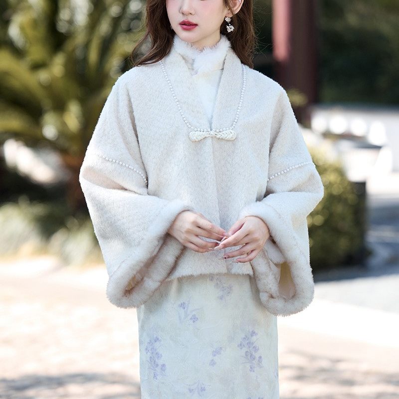 米白水貂绒旗袍披肩外搭外套高端大气上档次新中式保暖加厚秋冬款