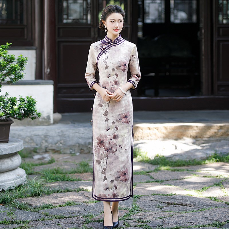 老上海旗袍长款2024春秋新品弹力长袖复古民国风日常宴会婚礼服裙