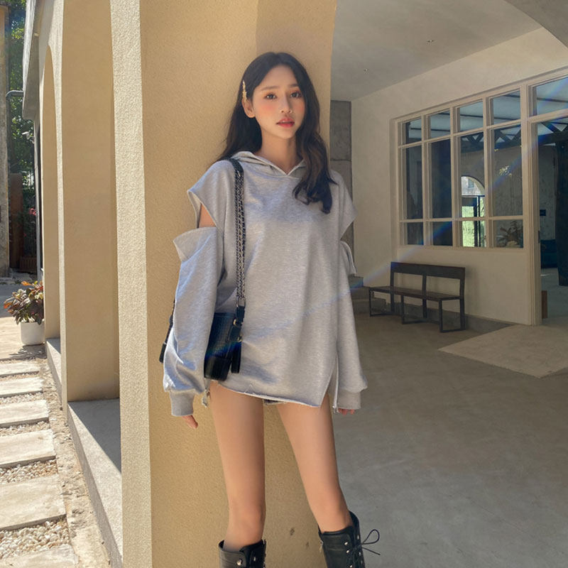 宽松连帽开叉破洞卫衣女薄款长袖T恤裁剪上衣泫雅风2024春装新款