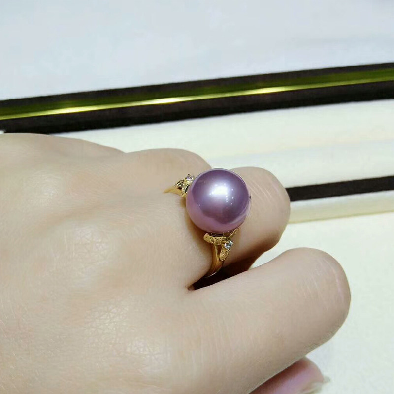 珍珠鸟g18k金超大12-13mm妖紫三叶淡水珍珠戒指女正圆强光送女友