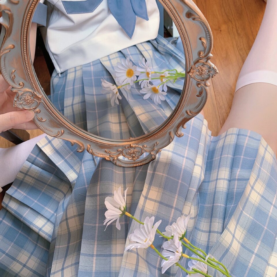 【梗豆物语】平纹毛料*薄荷冰*甜美少女粉线jk制服百褶裙格子裙