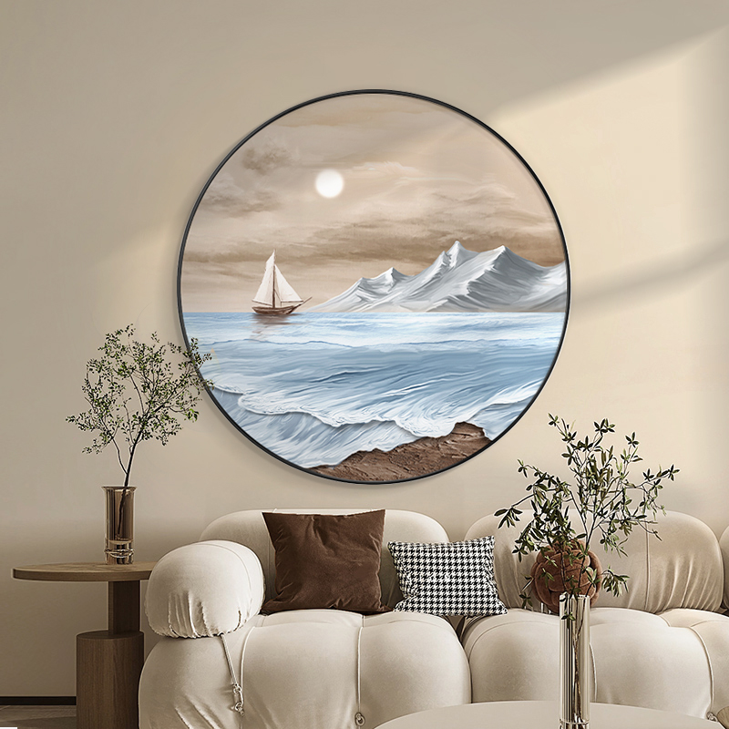 芬奇手绘圆形侘寂风肌理画大芬油画村装饰画客厅挂画玄关海景壁画图片
