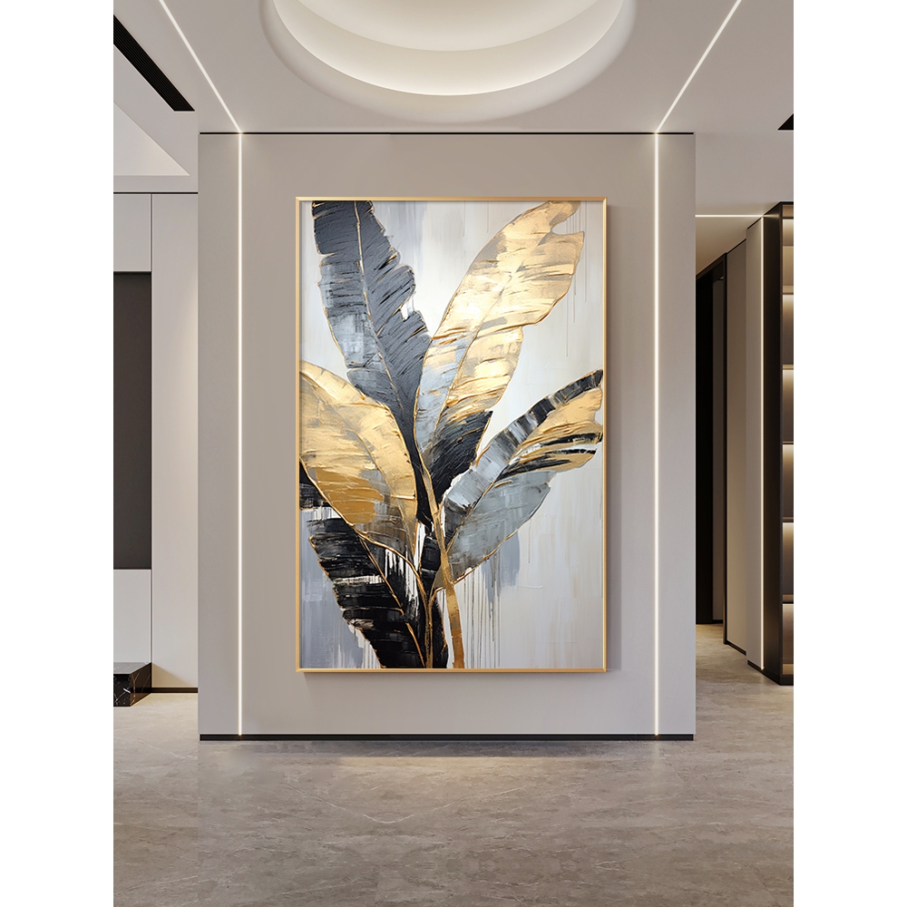 芬奇纯手绘大芬油画村家大叶大玄关装饰画抽象金箔壁画楼梯口挂画图片