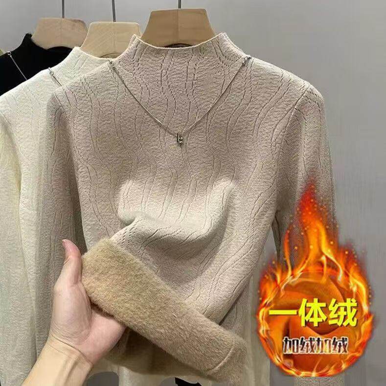 半高领保暖一体仿水貂绒针织毛衣女新款秋冬洋气加绒加厚打底衫