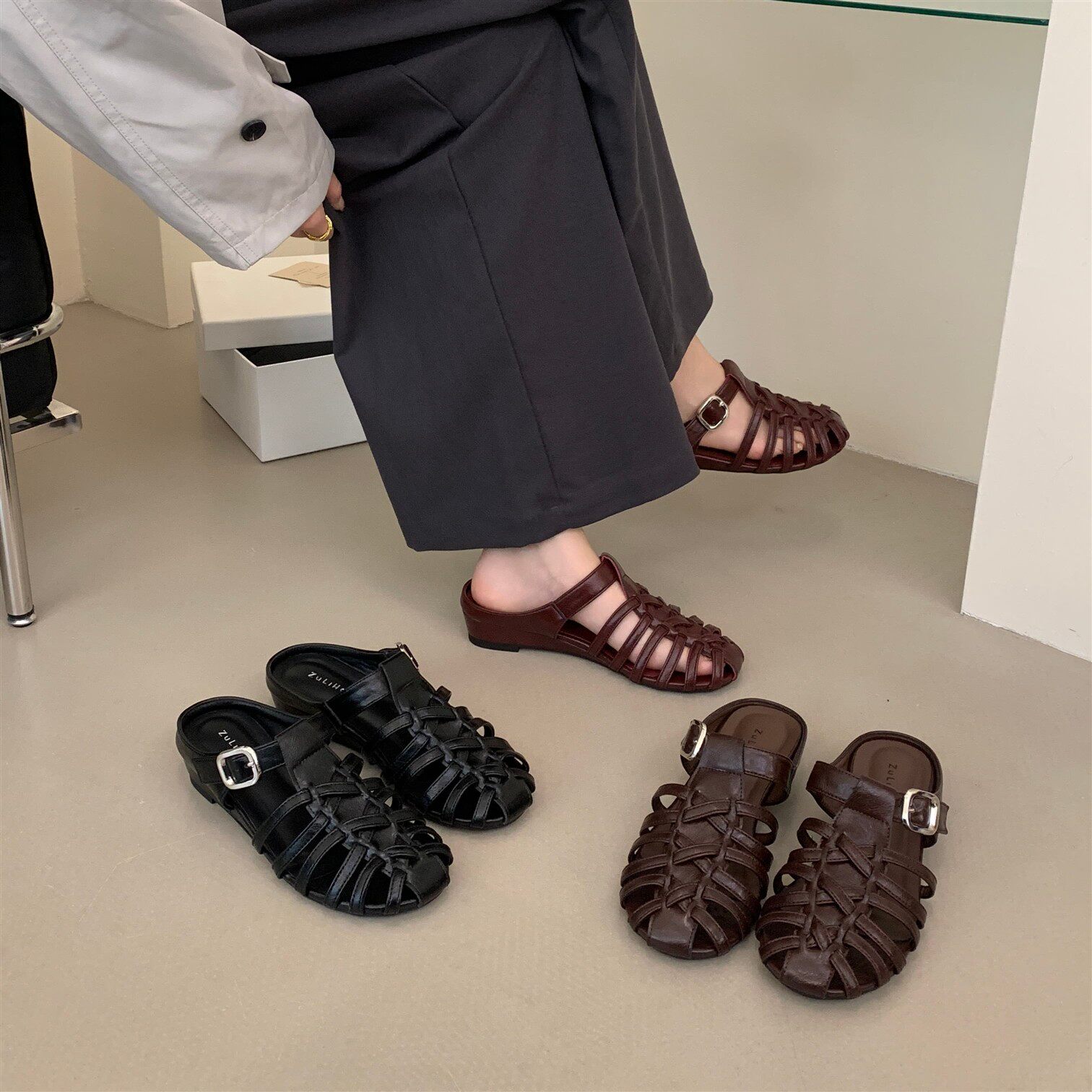 慵懒风编织包头拖个性罗马凉鞋女鞋外穿皮带扣舒适半拖鞋真皮镂空