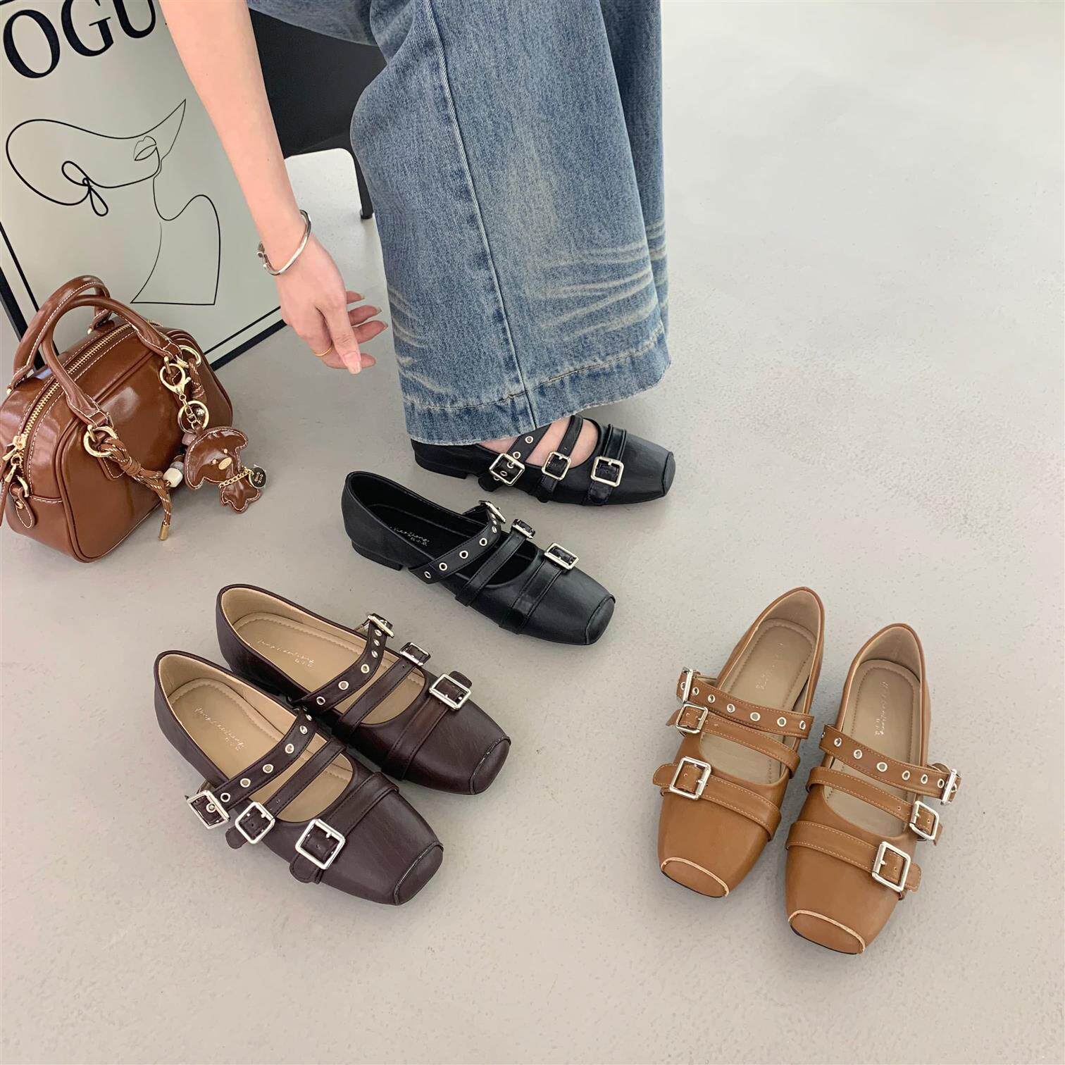 2026单鞋双女平跟珍鞋方头年春浅口铆钉复古真皮搭扣玛丽芭蕾舞鞋