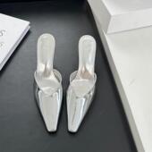 半气质尖头鞋 女拖鞋 后空单鞋 细显瘦漆皮跟穆勒包头韩版 鞋 外穿配裙