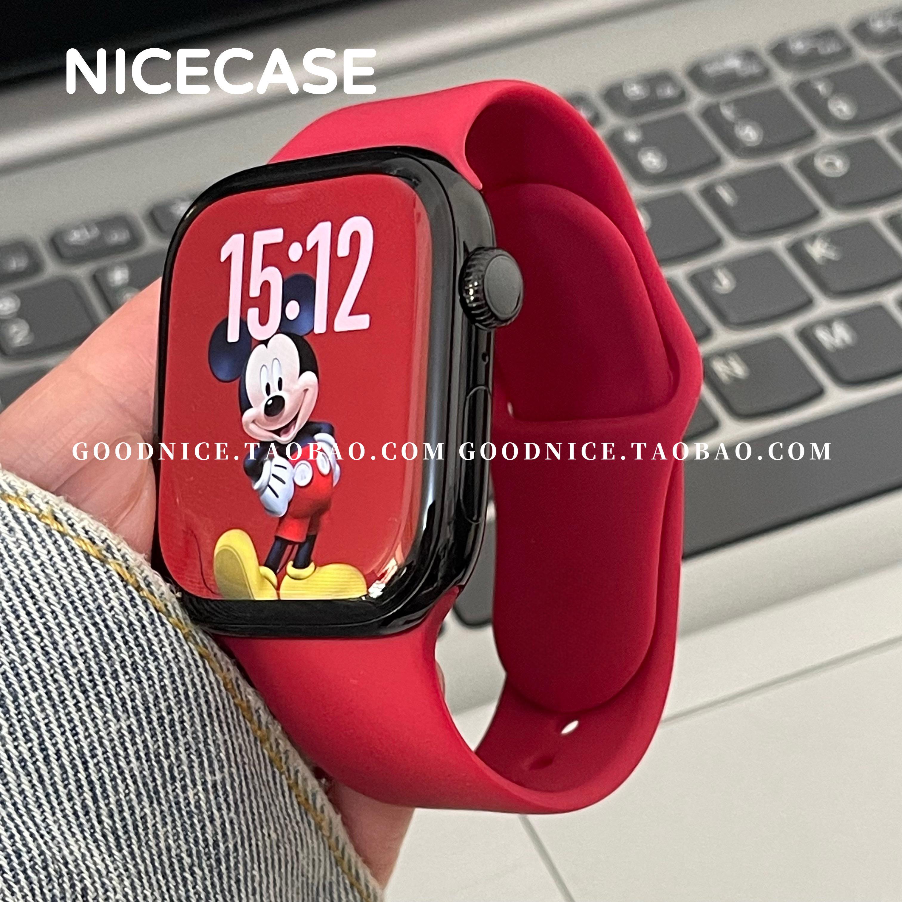 NICECASE新年玫瑰红百搭表带适用苹果iwatchS10代S987硅胶ins超火
