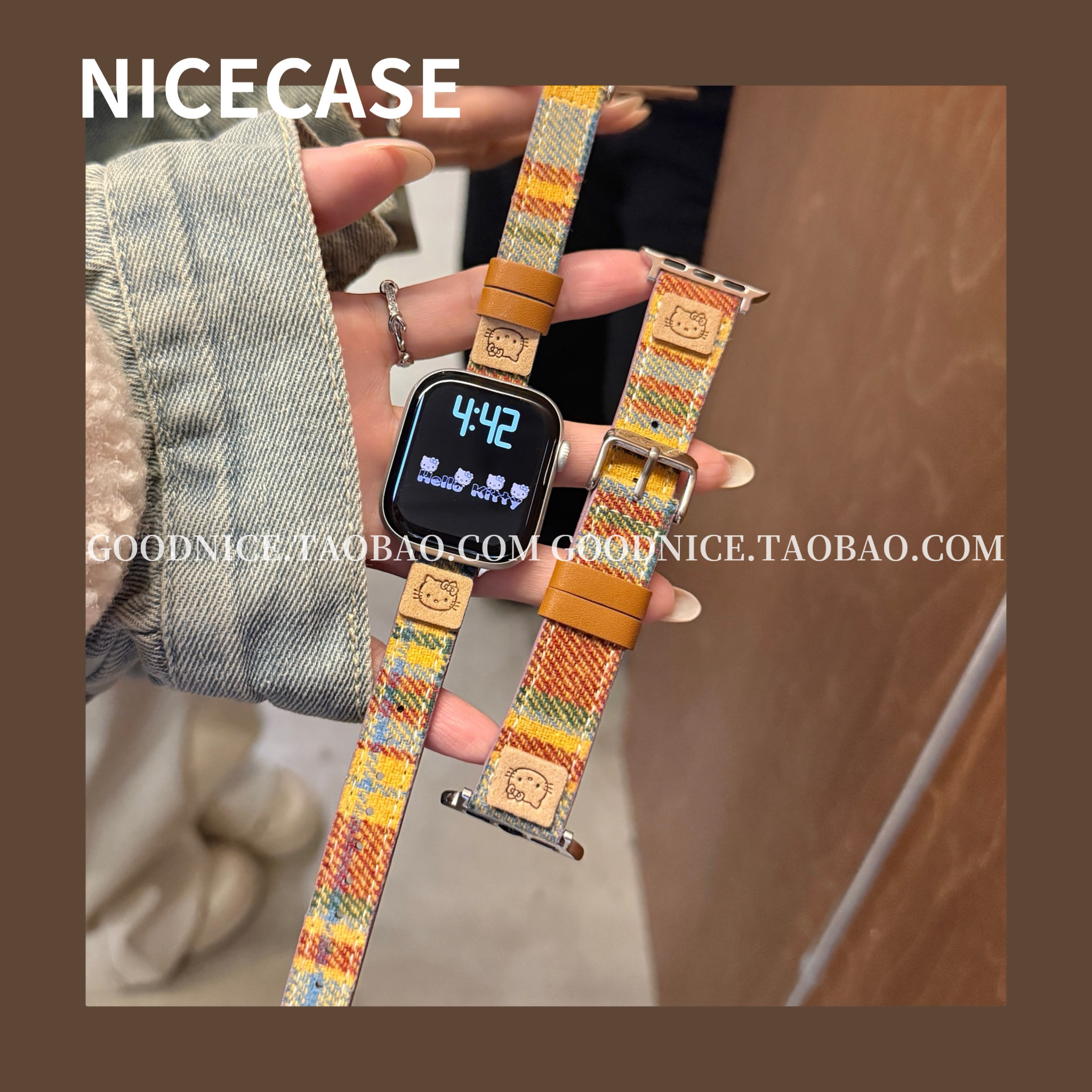 NICECASE秋冬新款毛呢kt猫条纹表带适用s11苹果iwatchs10代se时髦