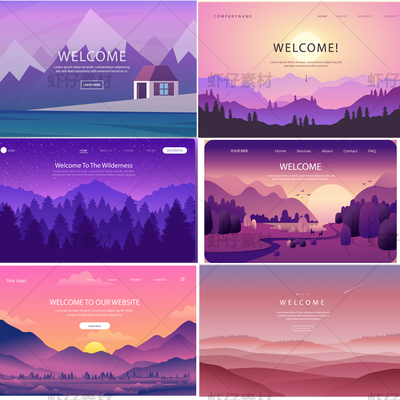 ai矢量素材源文件可修改四季风景日出日落远山骆驼沙漠山丘树霞光