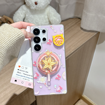 韩系ins卡通美少女魔法杖适用三星GalaxyS25Ultra手机壳S24UItra磁吸支架手链S23UItra全包防摔保护套女款