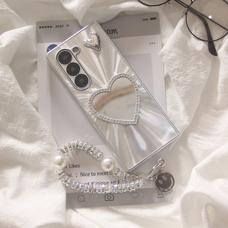 ins韩系极光镭射补妆镜子爱心适用三星ZFOLD7手机壳fold5折叠屏FOLD6手链fold4外壳W22/W23/W24保护套女款