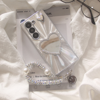 ins韩系极光镭射补妆镜子爱心适用三星ZFOLD7手机壳fold5折叠屏FOLD6手链fold4外壳W22/W23/W24保护套女款