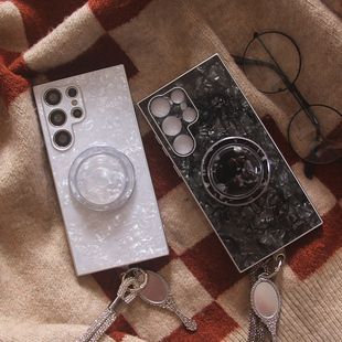 ins韩系简约贝壳纹适用三星GalaxyS26Ultra手机壳S25UItra磁吸支架手链S24/S23UItra防摔保护套男女款