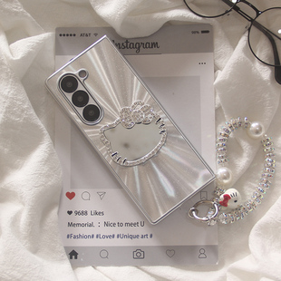 ins韩系极光镭射补妆镜子KT猫适用三星ZFOLD7手机壳fold5折叠屏FOLD6手链fold4外壳W22/W23/W24保护套女款