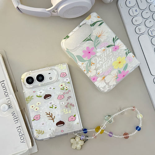 适用iPhoneDuo手机壳小清新文艺花朵18Duo保护套IP双层硬壳手链新款折叠屏iPhone Duo防摔套个性翻盖套网红款