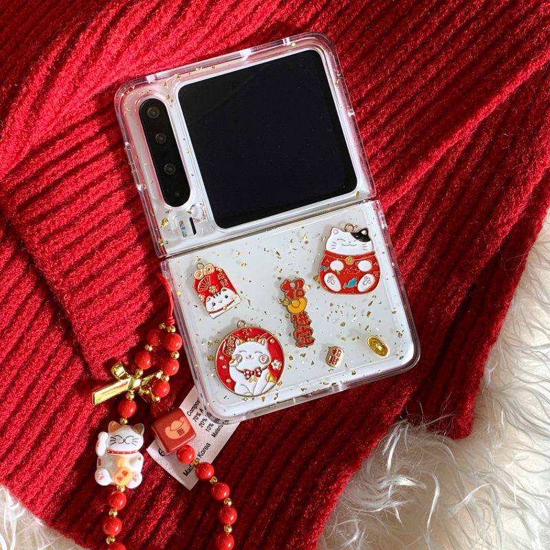 ins中国风滴胶闪粉招财猫适用华为puraX手机壳Pocket2三星zflip7小米MIXFlip2折叠屏OPPOFindN3Flip保护套