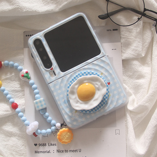 ins小清新蓝格子荷包蛋适用华为puraX手机壳pocket2小米MIXFlip折叠屏OPPOFindN3Flip磁吸支架荣耀MagicV2套