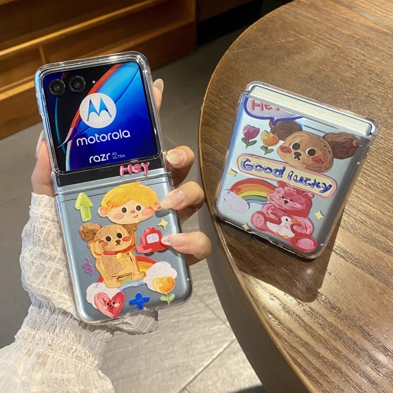 ins韩系卡通涂鸦油画小熊女孩适用摩托罗拉motorazr60ulta手机壳Razr50防摔Razr6pro全包razr40ulta保护套女