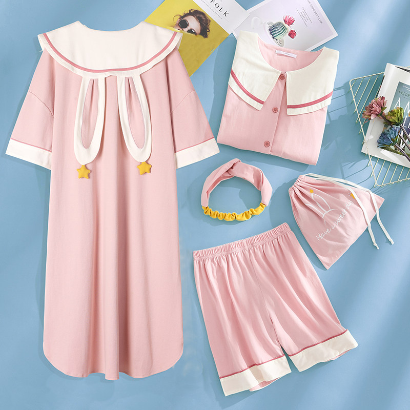 睡衣女春秋季夏五件套纯棉睡裙兔家居服套装INS日系甜美可爱短袖