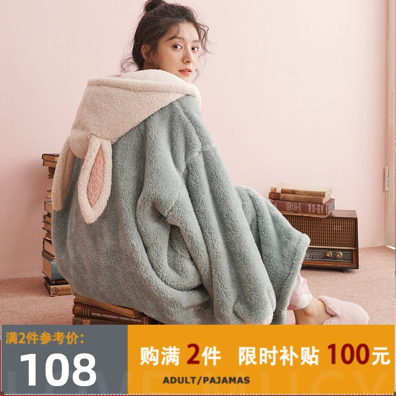 秋冬珊瑚绒睡衣女冬季法兰绒加厚睡袍女长款网红款可爱睡裙家居服