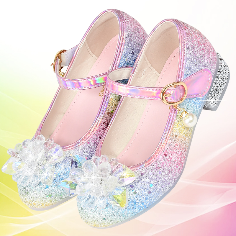 女童高跟鞋春秋彩虹女孩水晶皮鞋